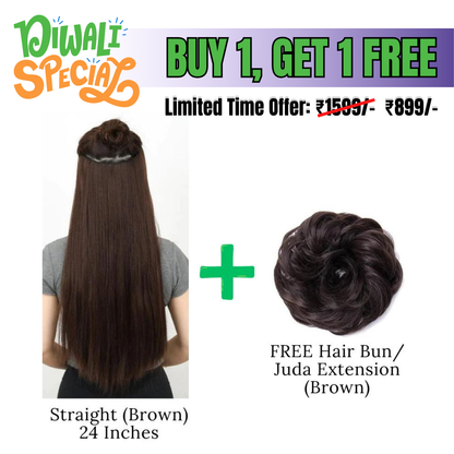 24 Inches" Clip In Hair Extensions + FREE Hair Bun (Juda) Extension